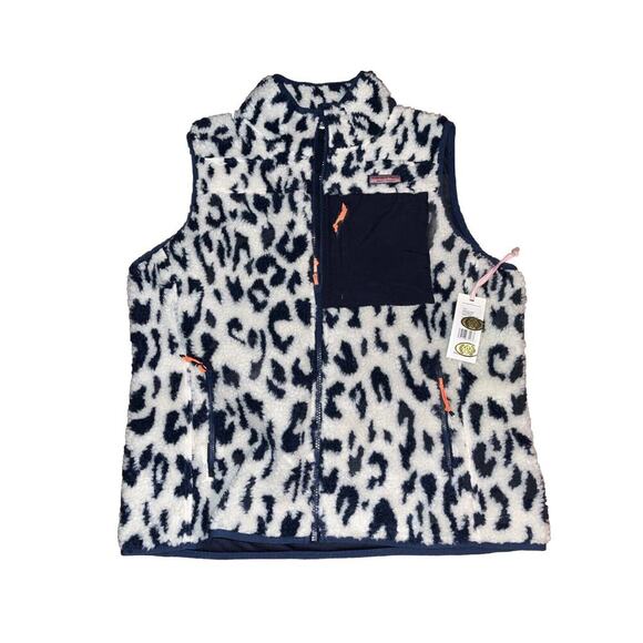 Vineyard Vines Womens Large Deep Bay Blue & Crème Leopard Sherpa Supershep Vest - Picture 1 of 7